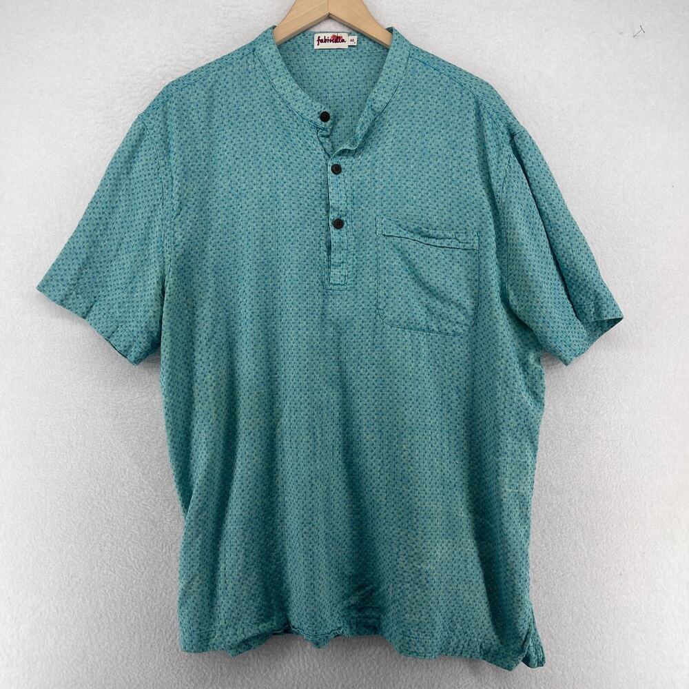 FABINDIA Shirt Mens 46 Mandarin Tussar Kurta Jacquard Short Sleeve Cotton Blue